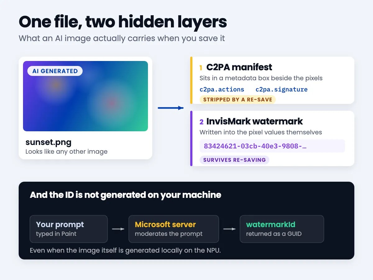 An AI-generated image alongside the two provenance layers it carries: a strippable C2PA metadata manifest and an invisible pixel watermark holding a server-issued GUID
