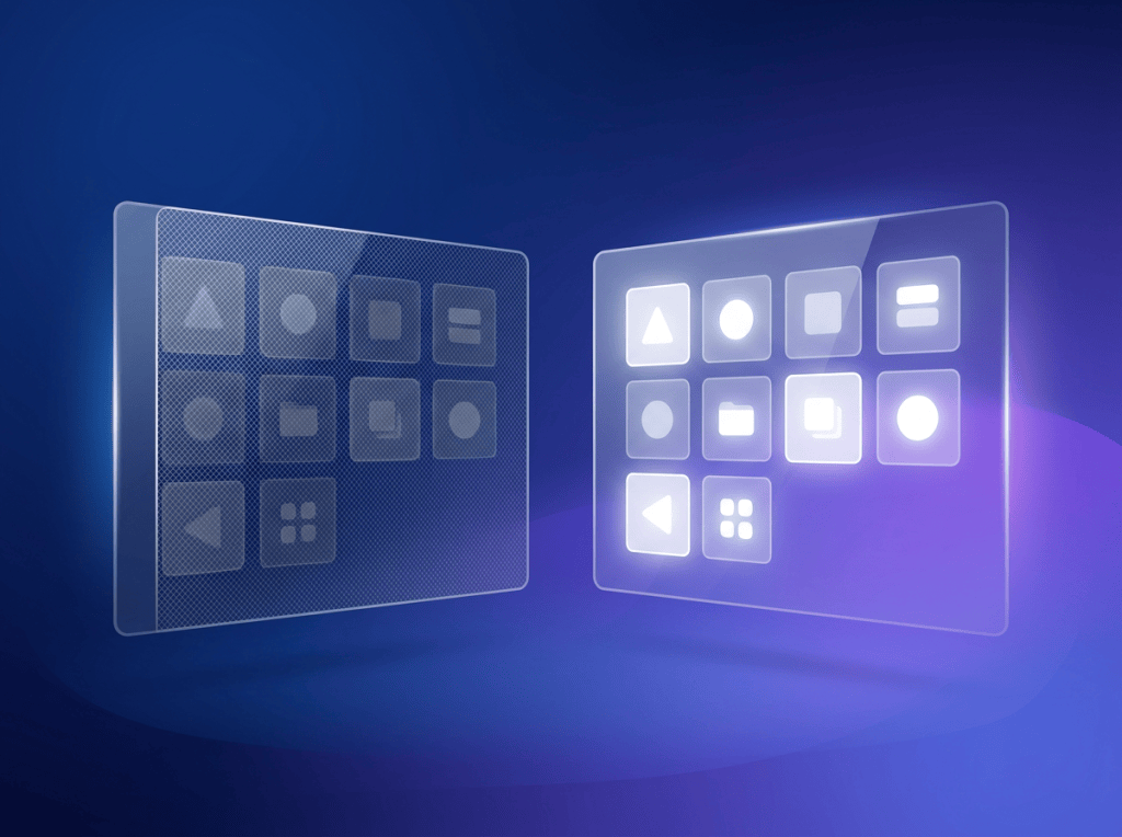Glowing futuristic interface panels displaying abstract navigation and control icons