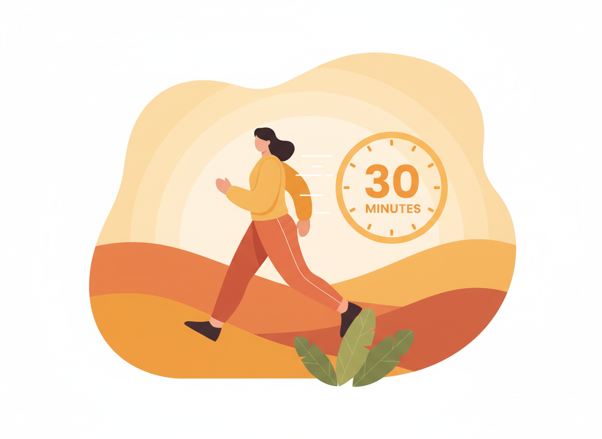 Illustration of a person brisk walking outdoors with a 30-minute clock — the amount of daily activity research suggests offsets sitting mortality risk