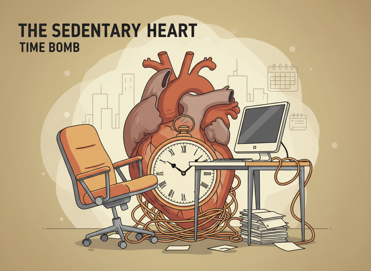 Stylised illustration of a heart with a clock face, surrounded by an office chair — visualising the link between prolonged sitting and heart-failure risk