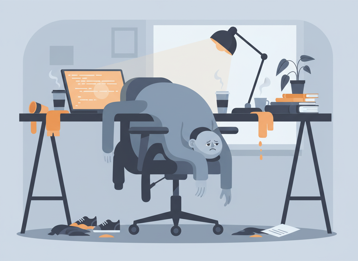 A slightly comedic editorial illustration of a person completely slumped and melting into an ergonomic office chair at a cluttered desk — empty coffee cups everywhere, shoes kicked off, laptop screen still glowing, a sad little houseplant wilting nearby. Muted blues and greys with warm amber accents, clean modern flat illustration style, dry humour in the pose. Wide landscape format.