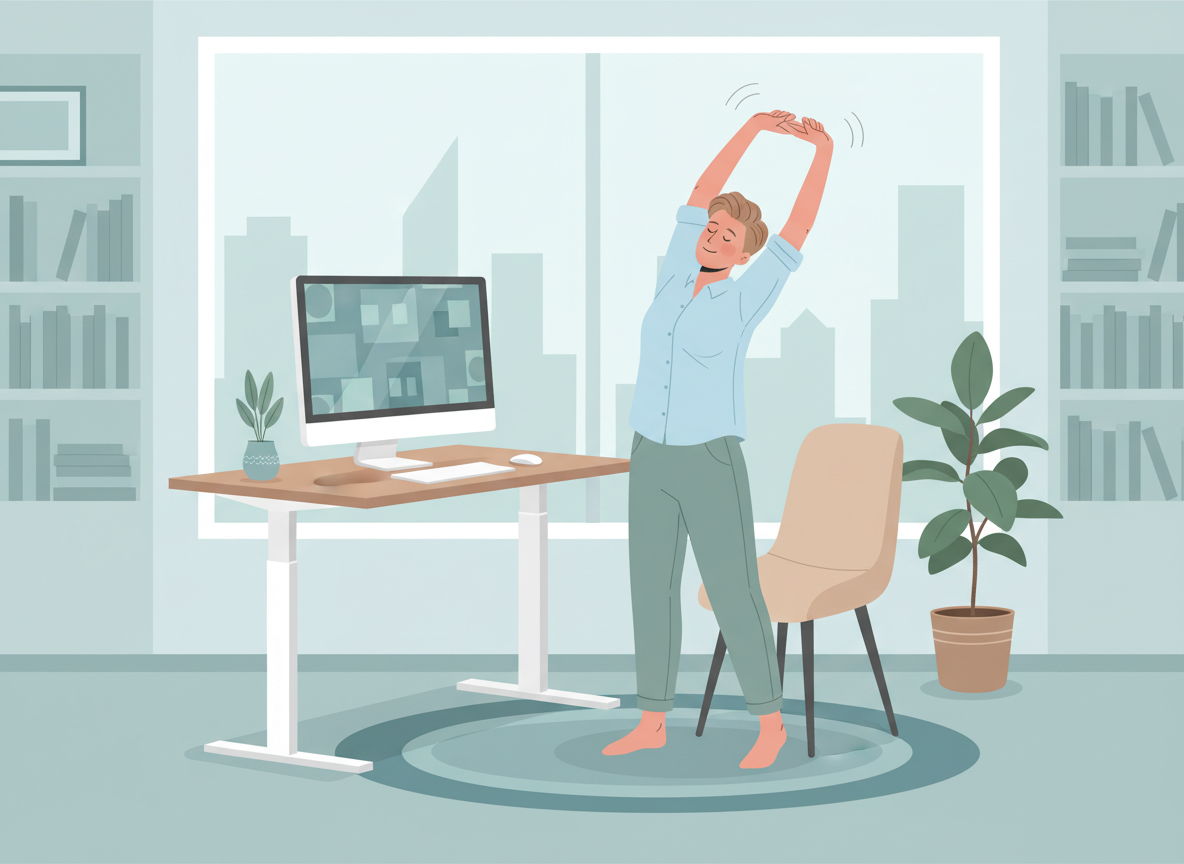 A clean, modern editorial illustration of a person standing up from their desk mid-workday, stretching their arms above their head with a slightly relieved expression. A standing desk or office environment in the background. Muted blues and greens, flat illustration style, light and energetic feel. Landscape format.