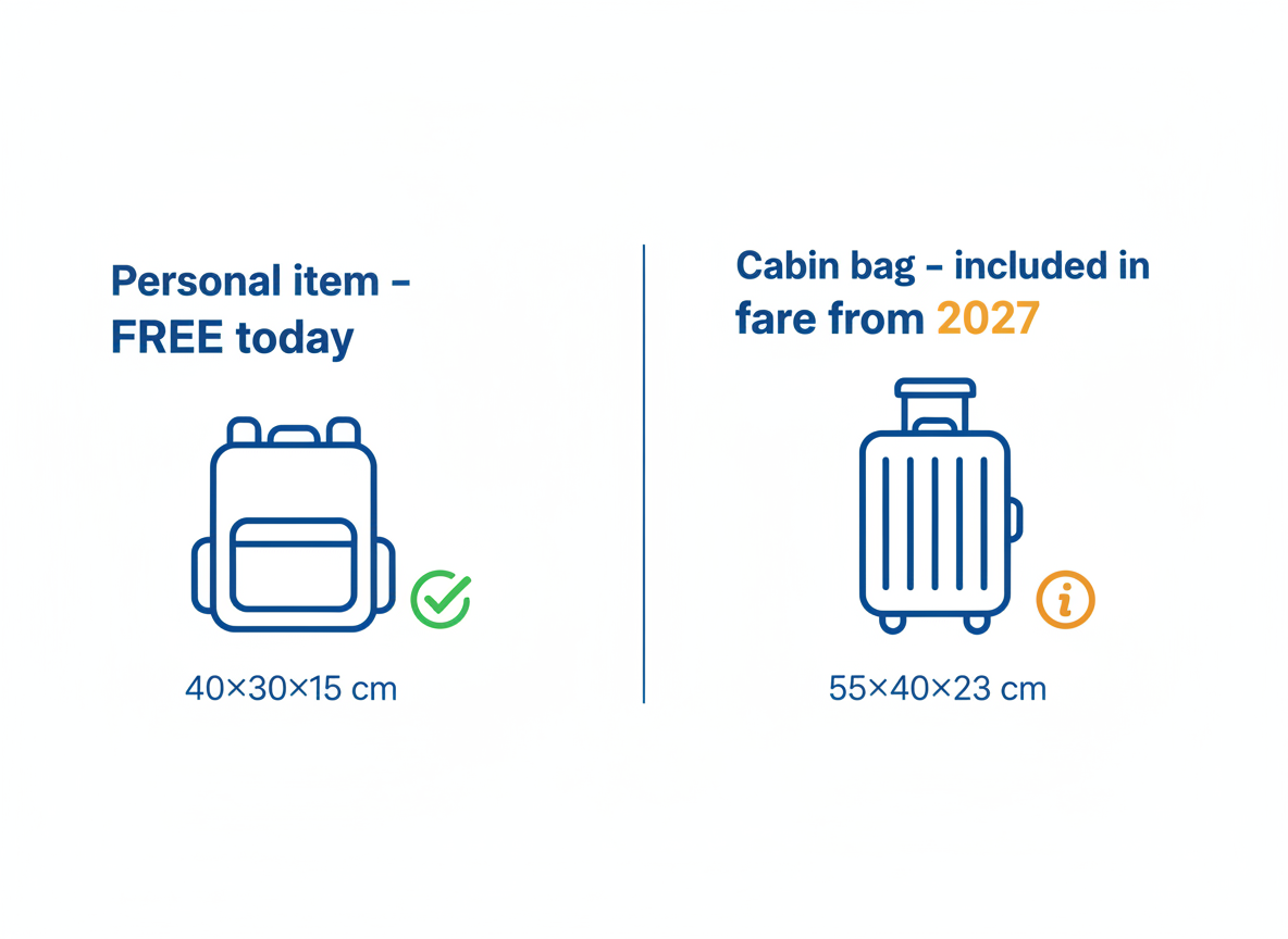 Infographic comparing a free personal item (40×30×15 cm) available today versus a cabin bag that must be included in the advertised fare from 2027 under the new EU regulation.