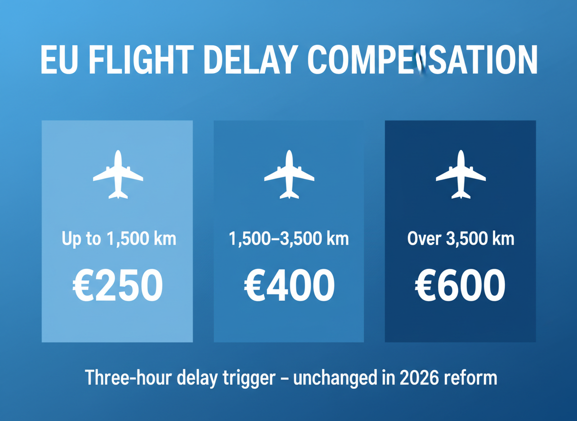 Infographic showing EU flight delay compensation amounts: €250 for flights up to 1,500 km, €400 for 1,500–3,500 km, and €600 for longer flights, with a three-hour delay trigger unchanged by the 2026 reform.