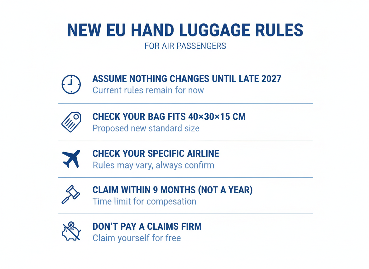 Checklist infographic summarising five actions for EU air passengers: assume nothing changes until late 2027, check your bag fits 40×30×15 cm, verify your specific airline, claim within nine months not a year, and do not pay a claims firm a commission.