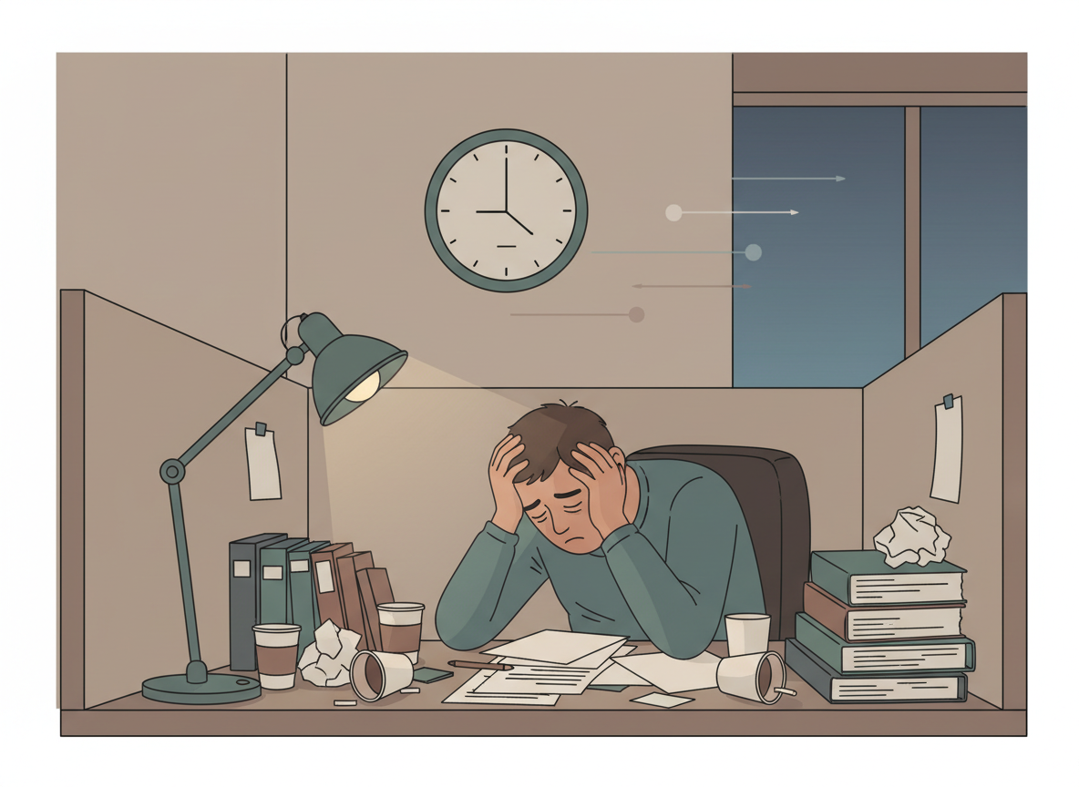 A person slouched at an office desk surrounded by coffee cups and papers, looking tired, with a clock on the wall showing long hours passed.