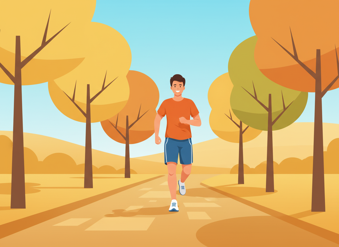 A person doing a brisk walk outdoors on a sunny tree-lined path, wearing casual exercise clothes.