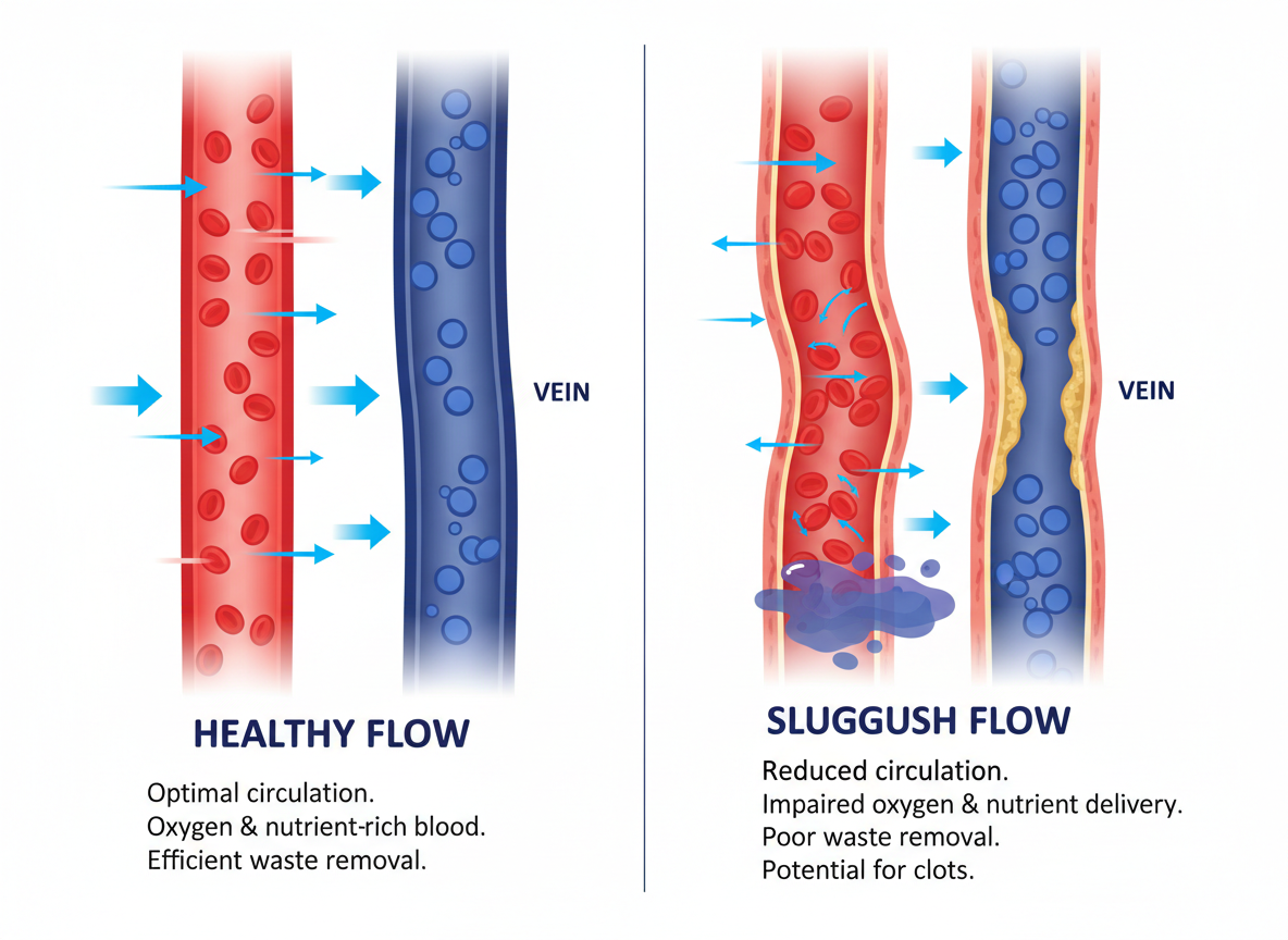Medical illustration comparing healthy blood flow to sluggish circulation in leg blood vessels caused by prolonged sitting.