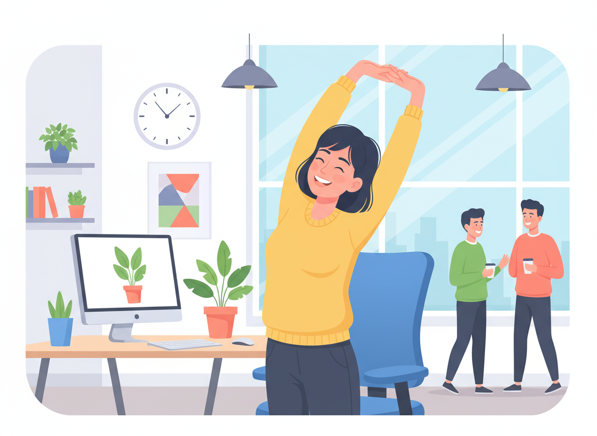 An office worker standing up from their desk and stretching their arms above their head, smiling in a bright modern office.