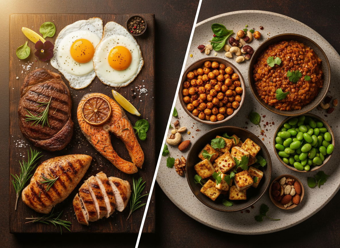 Side-by-side flat-lay of animal protein foods — steak, eggs, fish, chicken — on the left and plant protein foods — lentils, chickpeas, tofu, nuts, edamame — on the right, both beautifully plated under moody food photography lighting.