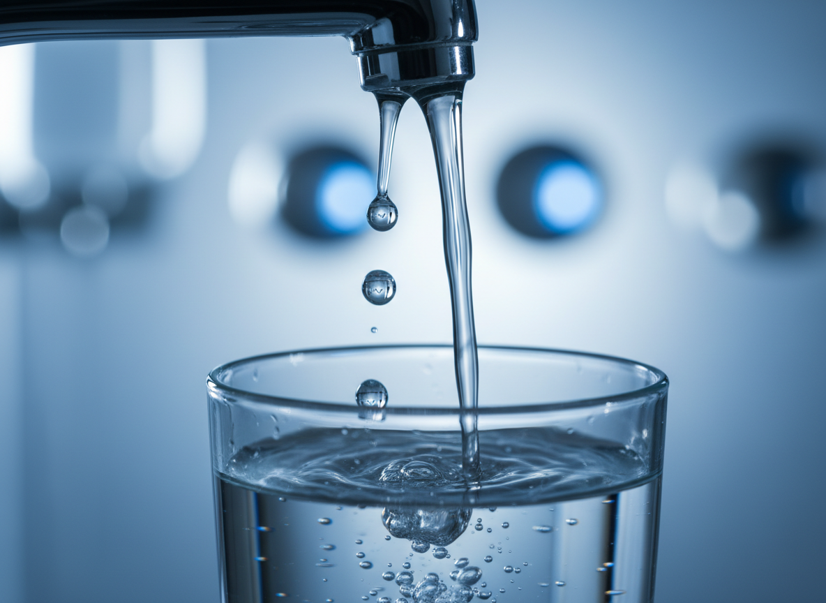 Macro close-up of crystal-clear water flowing from a chrome tap into a glass, droplets catching dramatic light against a cool blue background, evoking both purity and scientific scrutiny.