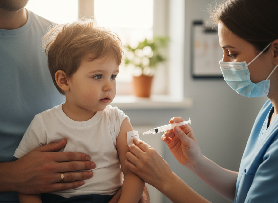 Warm close-up of a young child receiving a vaccine from a calm healthcare professional, with a parent's hand offering comfort — the mood is safe, human, and matter-of-fact.