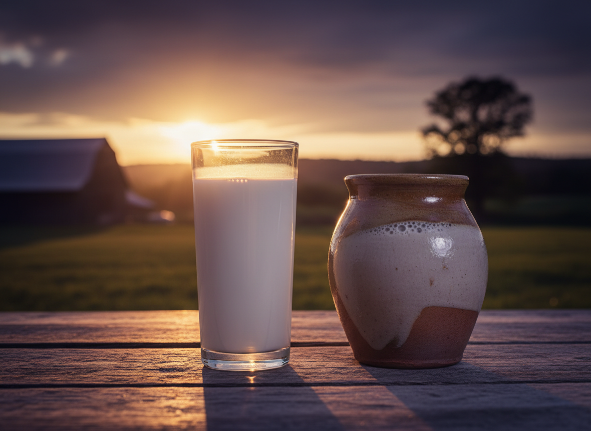 Two containers of milk side by side on a rustic wooden surface — one pristine and clinical, one in an artisan-style jar — with a blurred farm scene behind them and warm, slightly ominous golden light.