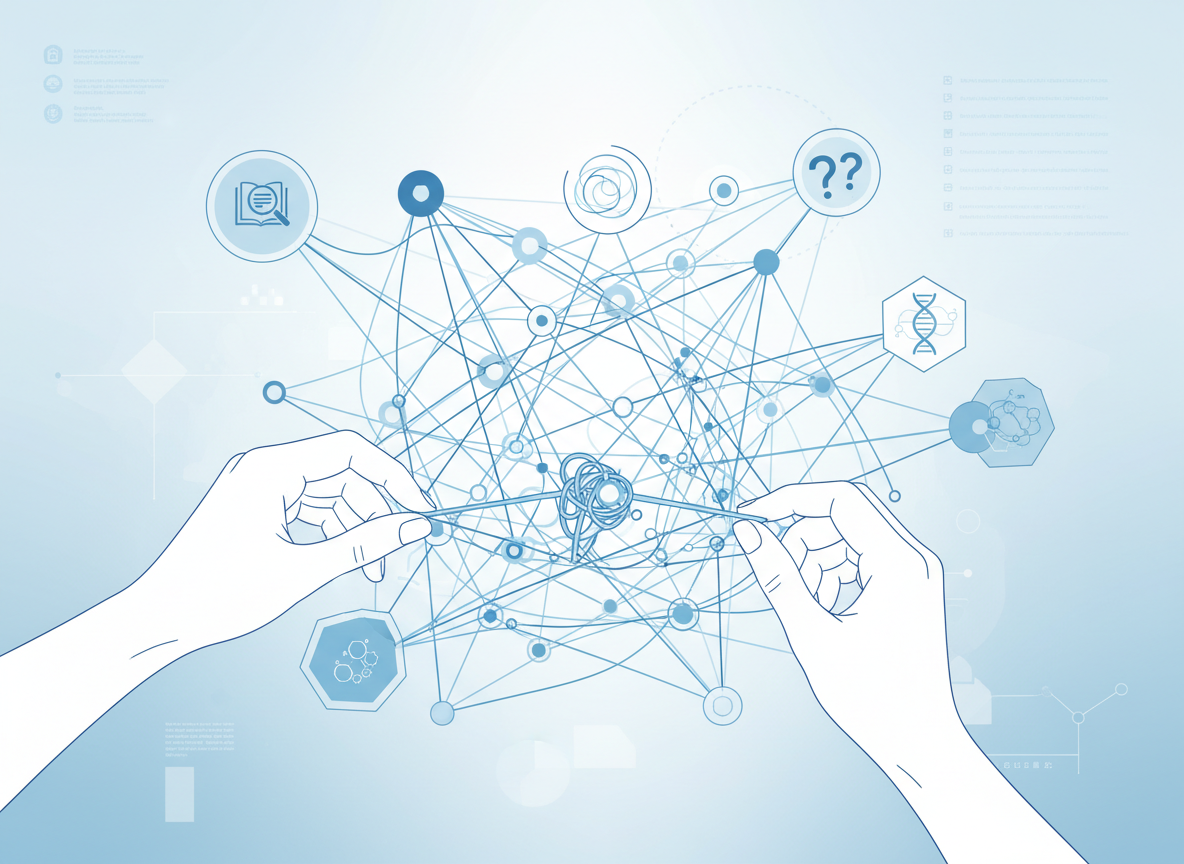 Abstract conceptual illustration of a tangled web of research threads representing studies, confounders, and genetics being carefully untangled by precise hands, in cool blue and white tones.
