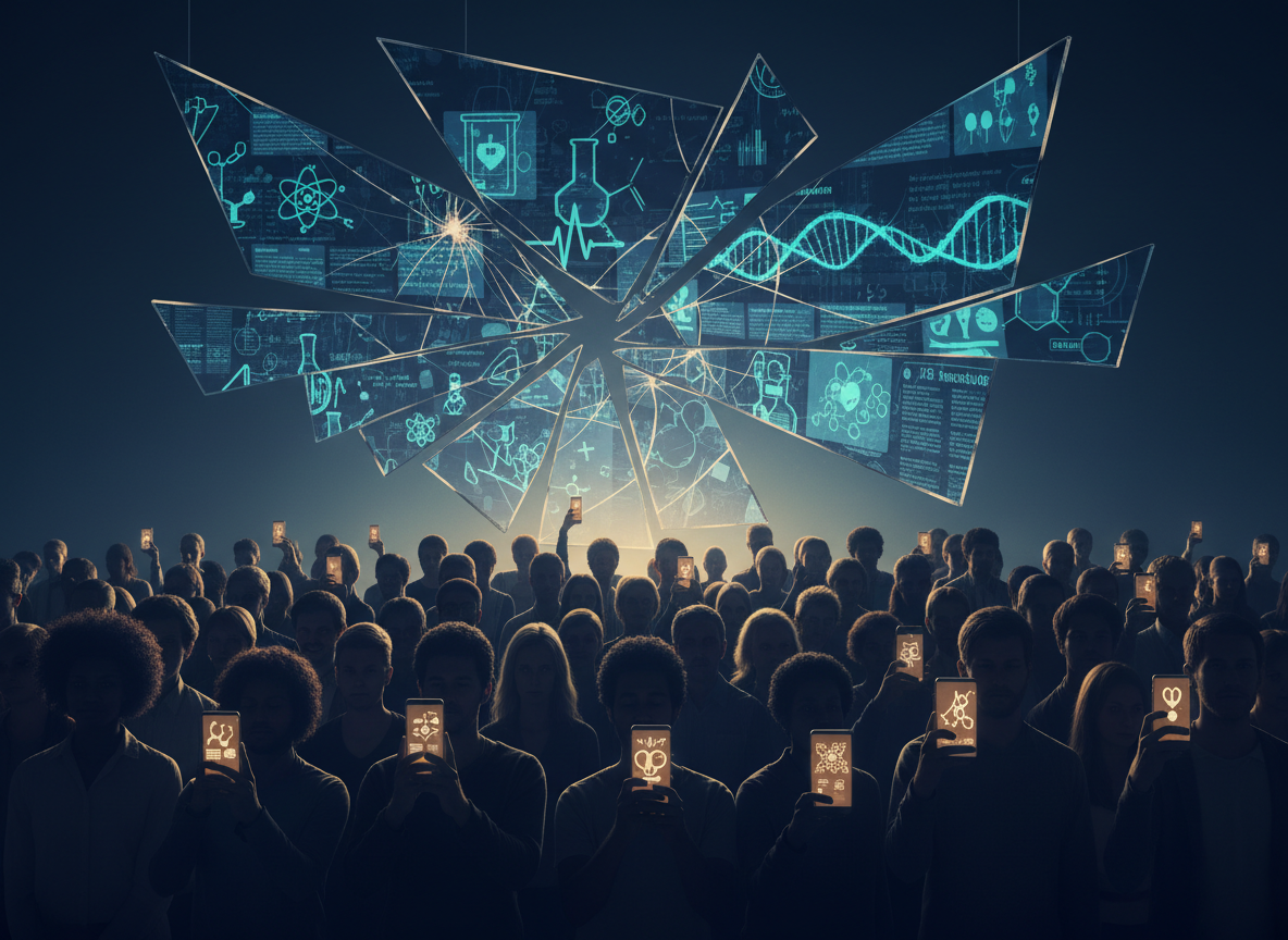 Editorial conceptual image of silhouetted diverse people holding smartphones with glowing health content, beneath a large cracked mirror reflecting distorted scientific symbols and DNA strands, in deep blues and warm ambers.