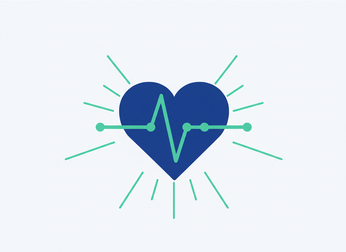 A cobalt heart shape with an abstract rhythm wave passing through it, mint accent lines radiating outward suggesting cardiac signal detection.