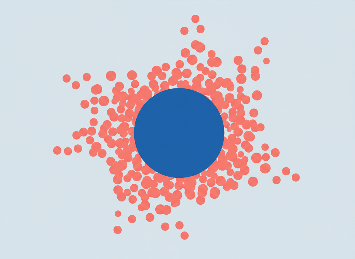 One large cobalt circle surrounded by many smaller coral circles arranged organically, representing a rare true signal amid a sea of false ones.