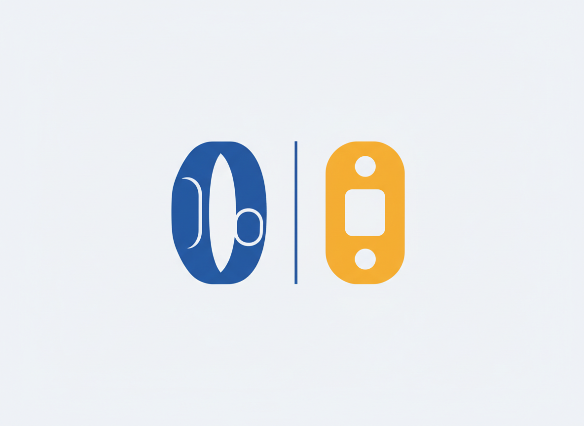 Two abstract shapes side by side on a light background — a cobalt wrist sensor on the left and an amber electrode patch on the right, separated by a thin cobalt line.