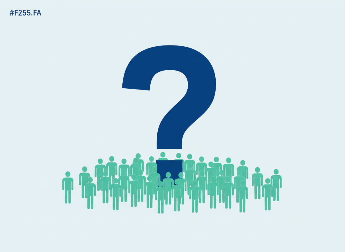 A large cobalt question mark centred with margin, surrounded by small mint abstract human silhouettes arranged in a loose crowd.