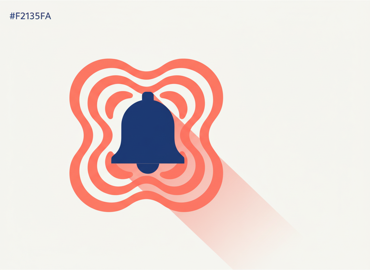 A cobalt notification bell centred on a light background, casting a long coral shadow with ripple rings emanating outward suggesting downstream consequences.