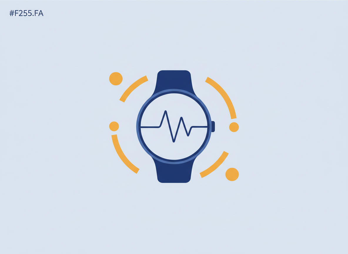 A sleek smartwatch centred on a light blue-grey background, surrounded by cobalt and amber geometric shapes representing a heartbeat signal.