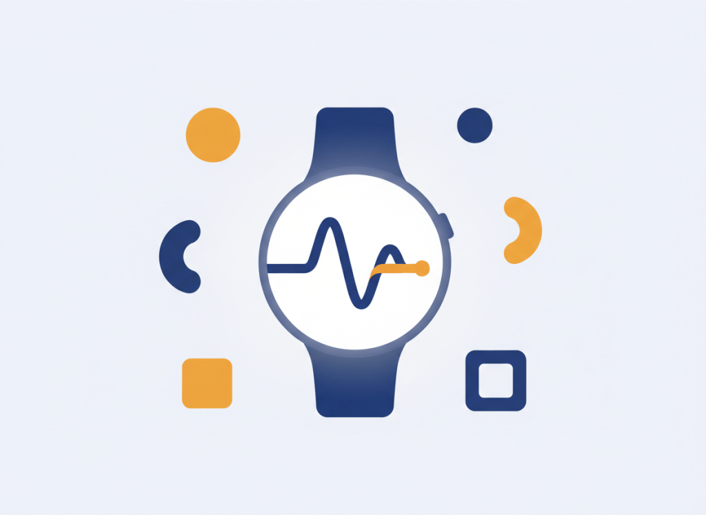 Editorial flat illustration, 4:3 ratio. A modern smartwatch centred on a light #F2F5FA background, its screen glowing with a simple abstract cobalt #013CB0 and amber #FBBF24 wave suggesting a heartbeat rhythm — no text, no readouts, no dials, no numbers. The watch face is clean and minimal. Cobalt blue dominates with amber as the single accent. Surrounding the watch are soft geometric shapes in the same palette. The composition reads clearly at small sizes. No brands, no logos, no real likenesses, no medical imagery.