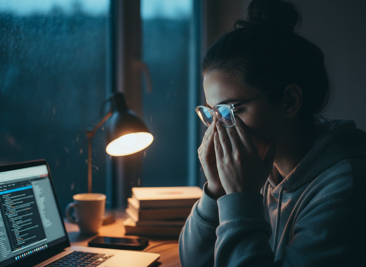 Person rubbing tired eyes in front of a laptop screen
