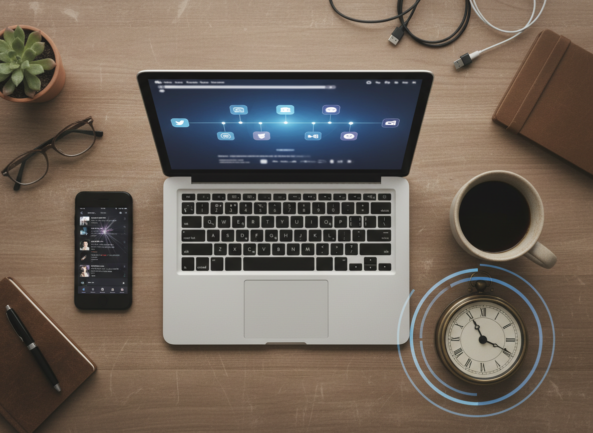 Overhead desk flat-lay with phone, laptop and clock