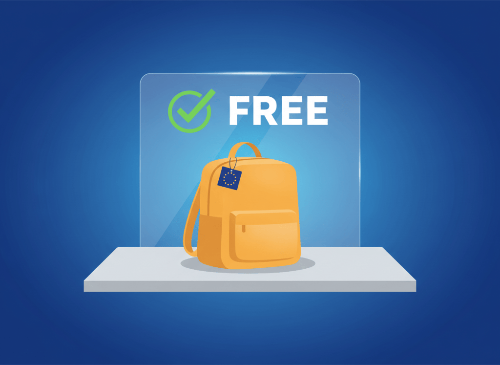 Editorial illustration for a blog post about the EU free cabin bag rule. Show a single centred personal item bag (a small rectangular soft-sided backpack or tote) resting on a minimalist airport conveyor belt or check-in counter surface. The bag has a simple EU flag tag attached. Behind it, a clean digital display panel shows a green checkmark and the text "FREE" in Poppins Bold at large size. Cobalt blue #013CB0 dominates the background as a soft gradient. The bag is rendered in warm amber #FBBF24 with soft drop shadows. No faces, no people, no metaphors — just the literal object. Centered composition, subject fills 60% of frame, outer 5% is clear. Soft gradient background, clean vector-illustration style. 1200x900 aspect ratio 4:3.