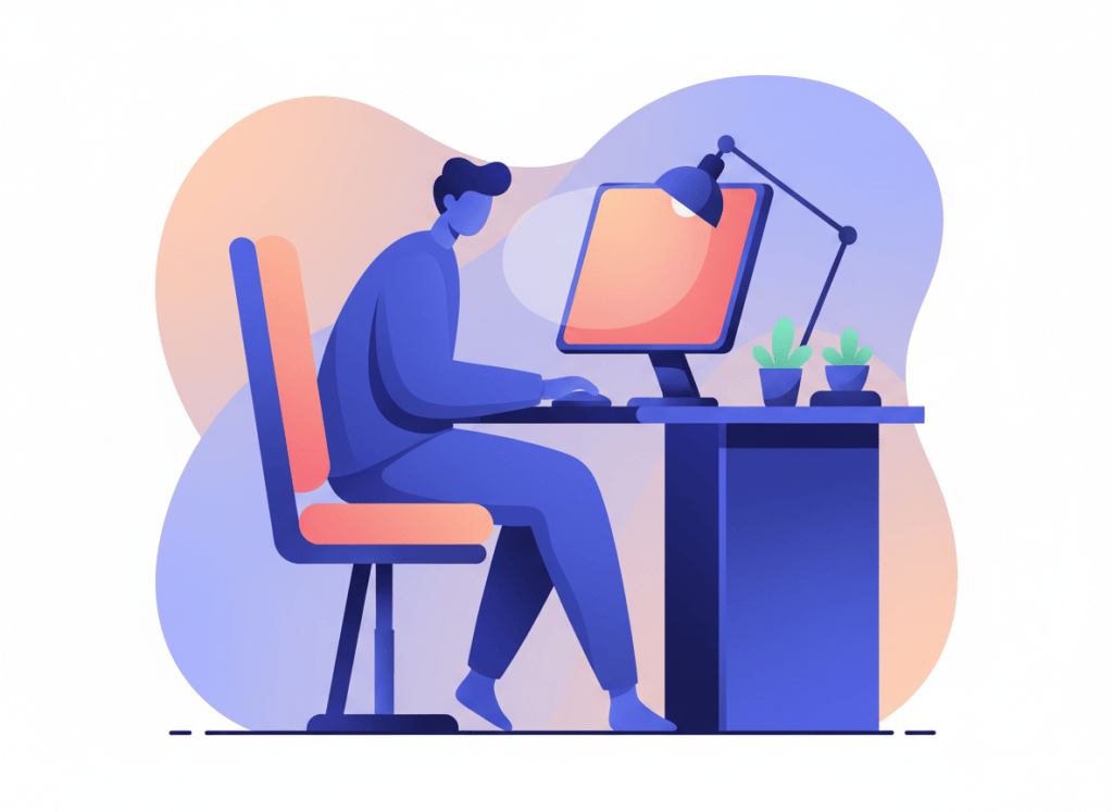 Illustration of a person at a desk looking slightly down at a monitor set below eye level